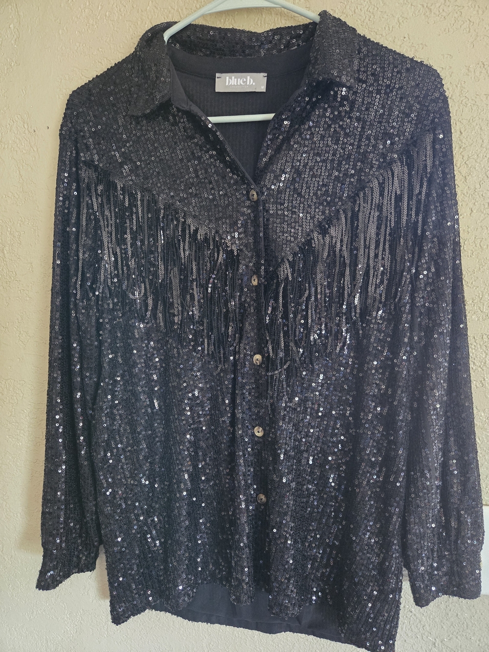blue b. Black Sequin Fringe Button-Up Top